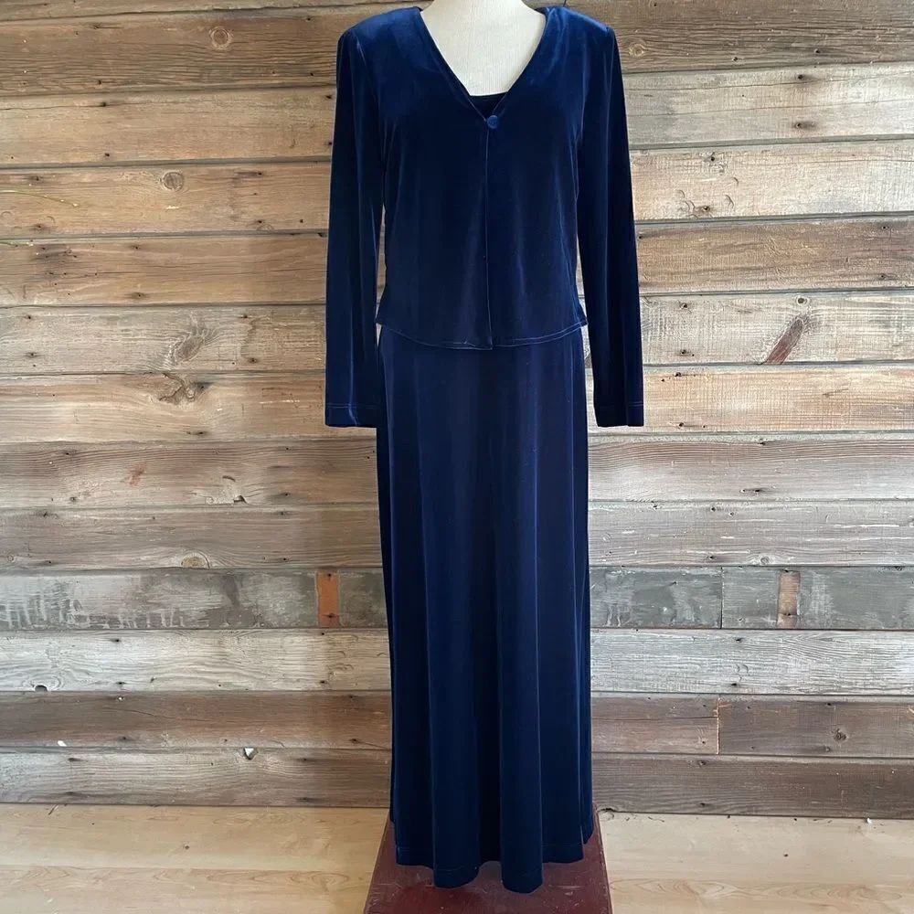Vintage Jessica Howard 2 Piece Matching Blue Velour Top & Maxi Dress Size 10 EUC